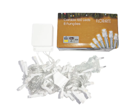 Pisca Pisca 8m 100 LEDS 8 Funções 220v Fio Transparente Luz Branco Quente Florarte