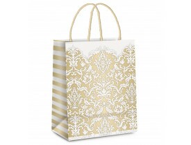 Sacola de Papel para Presente Adamascado Marfim/Ouro G 13X26X32cm Cromus Embalagens