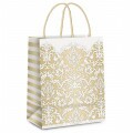 Sacola de Papel para Presente Adamascado Marfim/Ouro G 13X26X32cm Cromus Embalagens